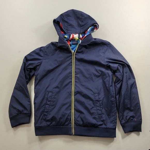 Tommy Hilfiger Reversible Varsity Jacket Mens Small Hooded Navy Blue RARE PRINT - Picture 2 of 12
